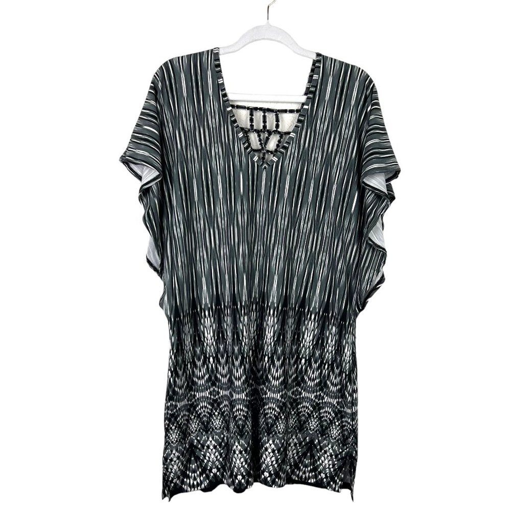 WEARABOUTS Womens M Black White Abstract Print Short Sleeve Cut Out Back Dress